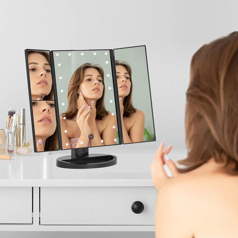 Rectangle Tri-Fold LED Lighted Vanity Magnifying Makeup Mirror, Black