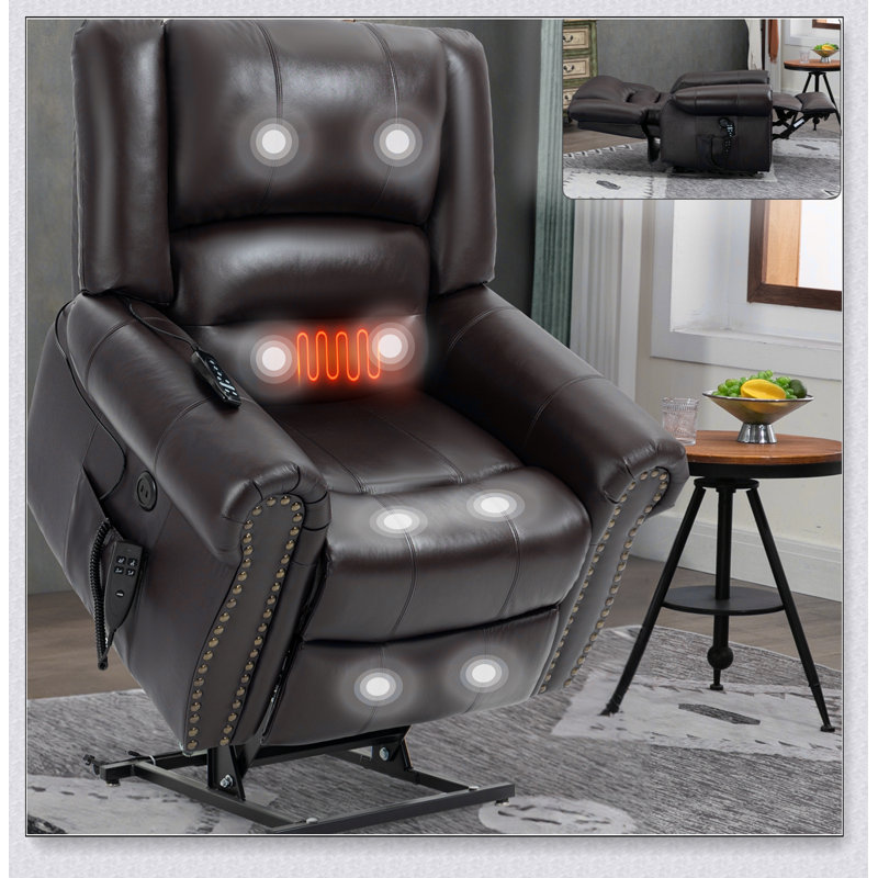 Fauteuil inclinable Power Lift à deux moteurs, massage thermique, position infinie jusqu'à 350 lb, cuir véritable