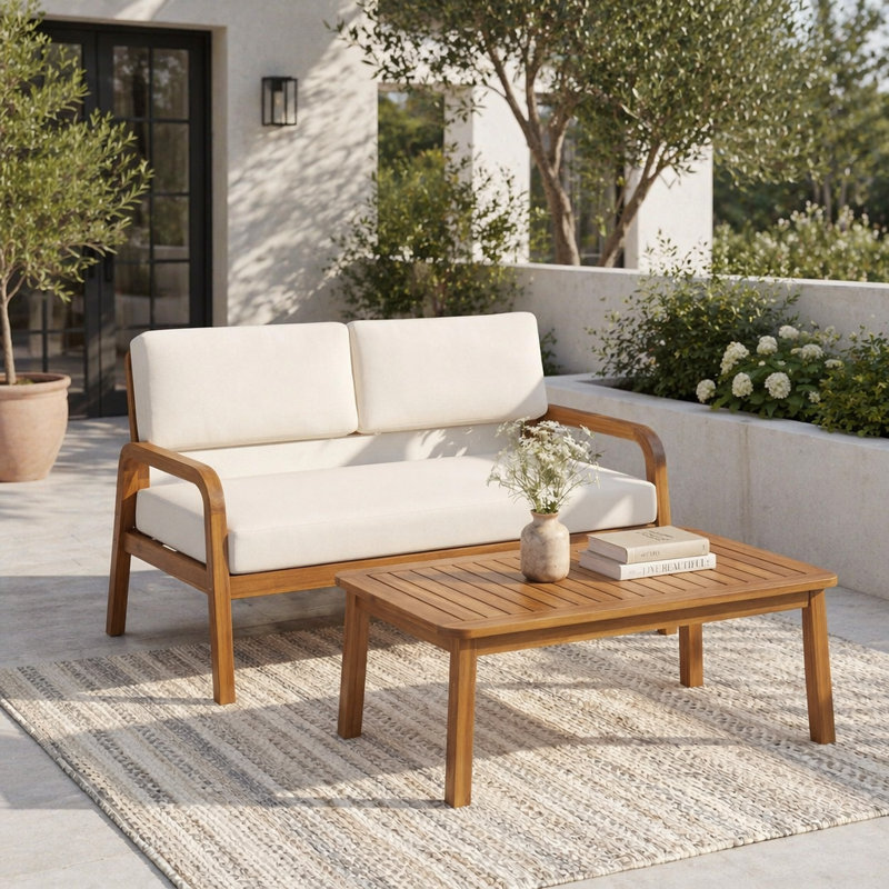 Ensemble de canapé d'extérieur 2 pièces avec coussins, causeuse en teck et table basse pour la détente sur le patio et la terrasse