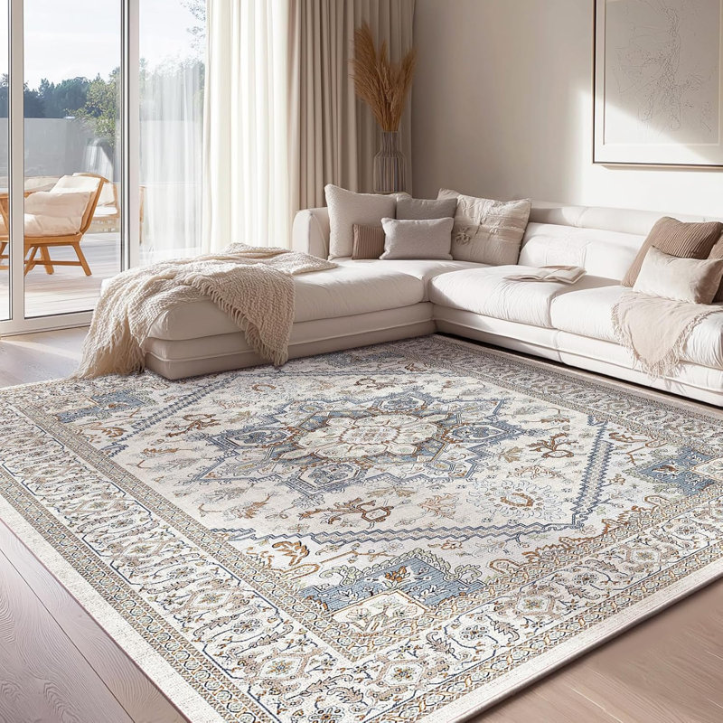 Tapis lavable en faux cachemire neutre , Rectangulaire 3 pi x 5 pi