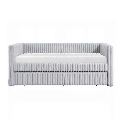 Modern Gray Corduroy Daybed with Pull-Out Trundle, Durable and Comfortable for Extra Sleeping Space.