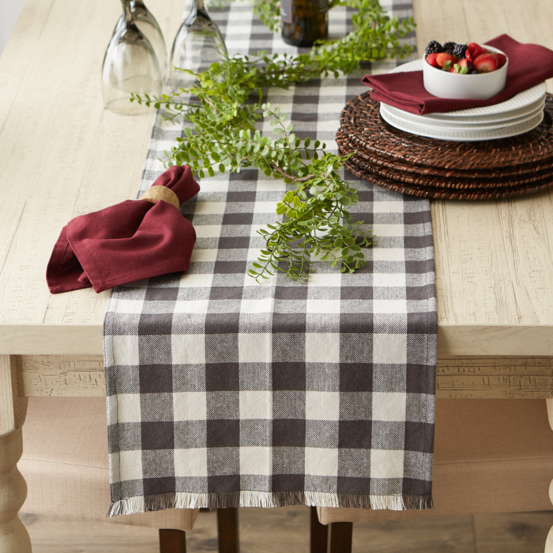 PALE MAUVE HEAVYWEIGHT CHECK FRINGED TABLE RUNNER 14X72, 72" L x 14" W, Mineral