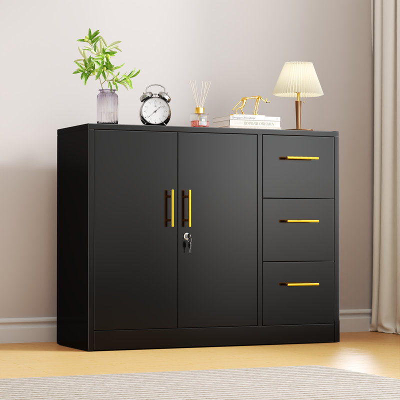 Metal Sideboard Buffet Stoarge Cabinet With 2 Doors And 3 Drawers For Kitchen Living Room, Black