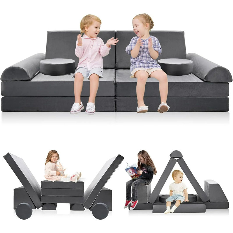 Ensemble de canapé pour enfants 10 pièces, ensemble de jeu modulaire pliable pour tout-petits, Lit simple, Gris