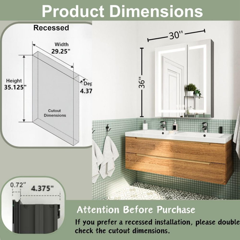 Armoire à pharmacie l 30 po H 36 po avec miroir à intensité variable et 3 tablettes réglables Naryja