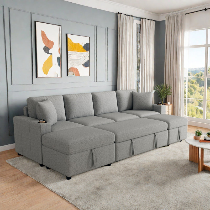 Convertible Sectional Sofa With A Movable Storage Ottoman, Grey
