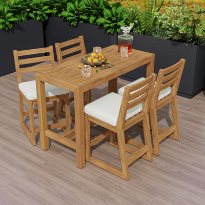 5Pcs Outdoor Bar Set with High Table and 4 Slatted Back Cushioned Chairs for Balcony or Backyard