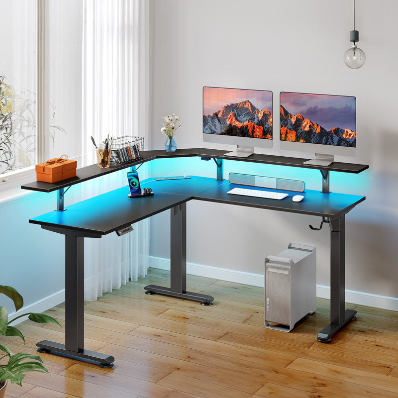 Grijalva Standing Desk L Shaped with LED Light and Power Outlet, Electric Height Adjustable Computer Office Desk Sit Stand Up with Monitor Stand
