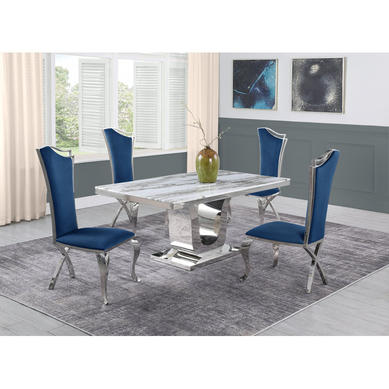 Ensemble de salle à manger Amias, 5, Blanc / argenté, Bleu marine