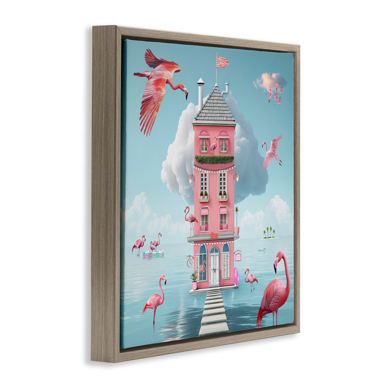 Hôtel Flamingo sur cadre flottant, design Lori Lea Studios, H 25 po x l 25 po, Cadre flottant orme Montalcino