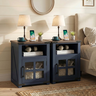 24''H Farmhouse End Table (Set Of 2) With Charging Station Rustic Nightstand