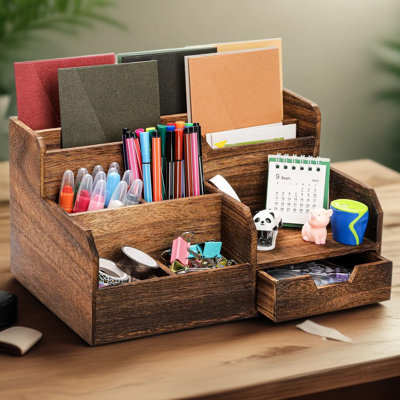 Organisateur de bureau en bois rustique avec trieur de courrier et tiroir, support d'accessoires de bureau de table pour le rangement des lettres, du papier et des stylos