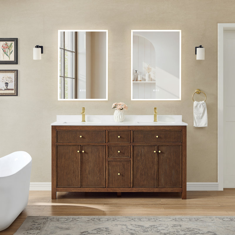 Elan TK 66" Freestanding Double Bathroom Vanity with Cultured Marble Top, White Cultured Marble, Brushed Gold, Dark Walnut