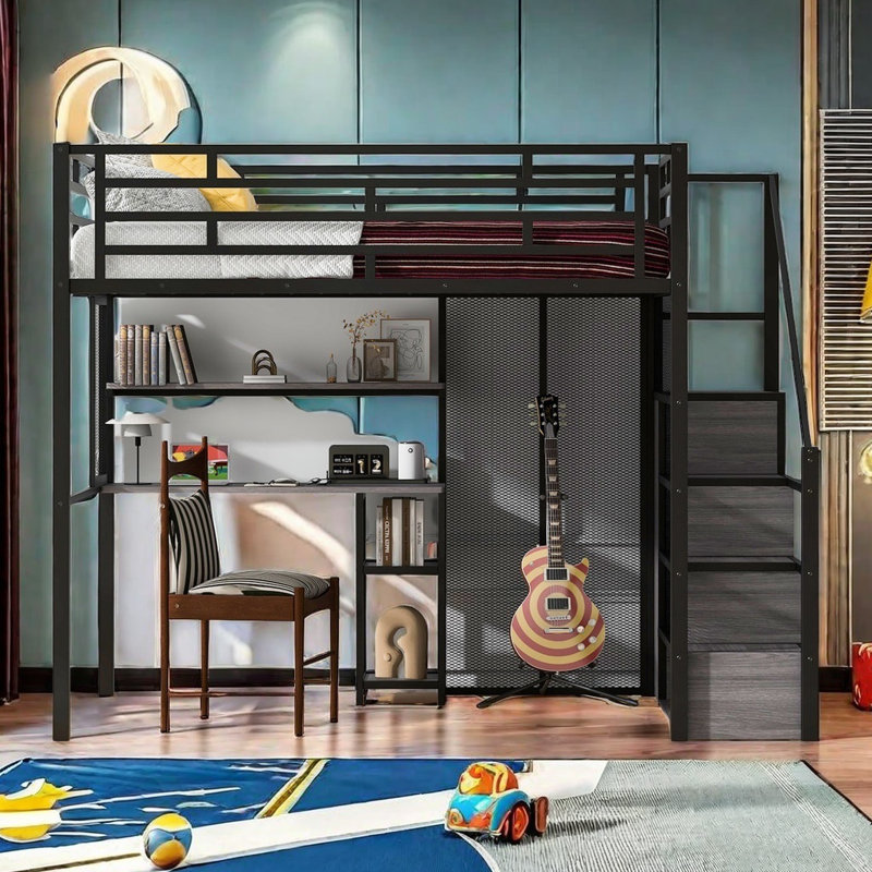Lit mezzanine double en métal avec garde-robe, bureau, tablettes de rangement, Noir