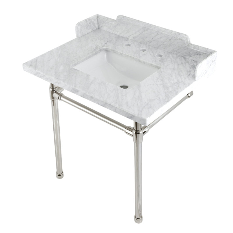 Kingston Brass Wesselman 30-Inch Carrara Marble Console Sink with Stainless Steel Legs (8-Inch, 3-Hole)