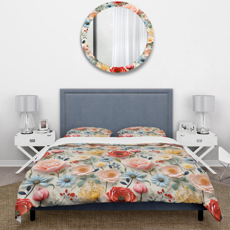 Delight Pink And Beige Floral Pattern I - Ensemble de housse de couette à motif floral
