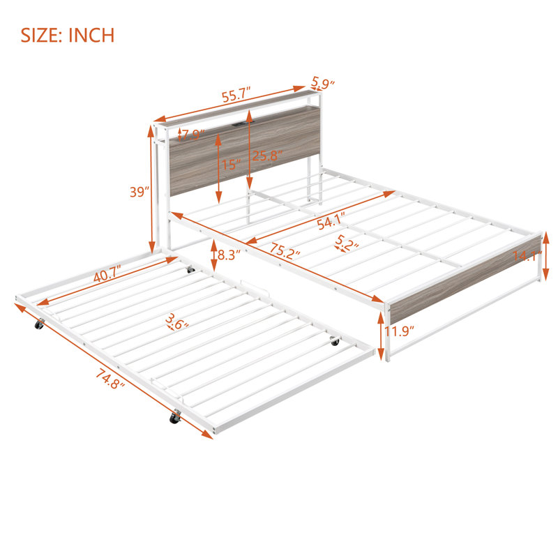 Structure de lit plateforme avec lit gigogne, aucun sommier nécessaire, Gris, Lit double