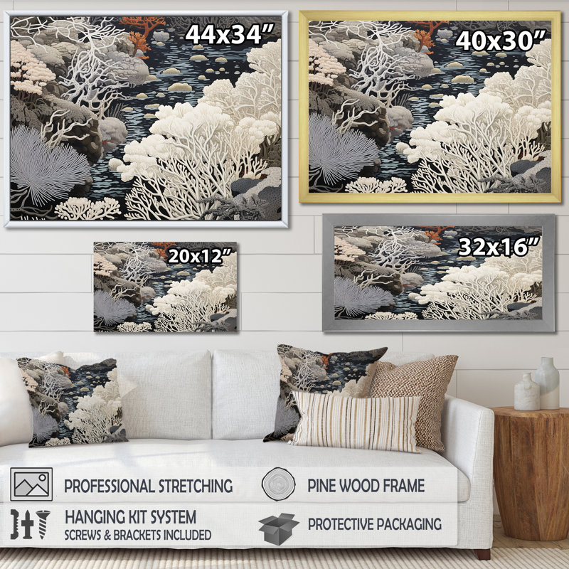«Black and White Abstract Corals River IV», reproduction sur toile, Cadre naturel flottant, H 12 po x l 20 po x P 1 po