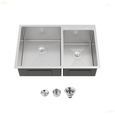 Évier de cuisine encastré 33 po x 19 po à double cuve, lavabo sur pied fait à la main brossé (évier seulement)
