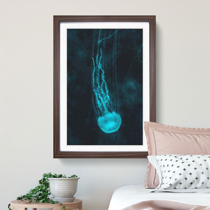 Neon Blue Jellyfish Abstract - Picture Frame Graphic Art Print, 87cm H x 62cm W x 2cm D, Walnut Framed