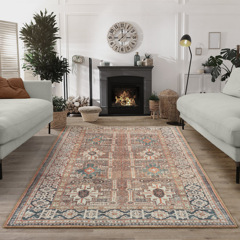 Washable Non-Slip Traditional Area Rug - Brown / Blue / Orange Rug for Entryway, Hallway, Bathroom, and Kitchen - Fairlin