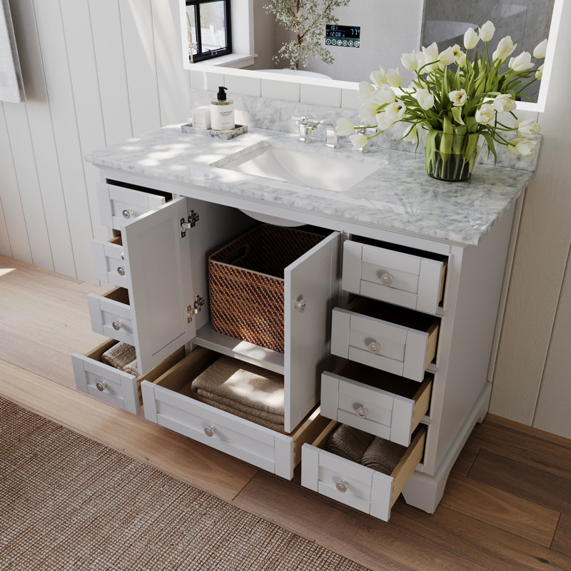 Ensemble de meuble-lavabo simple 48 po Varna, Blanc / nickel brossé, Marbre blanc de Carrare