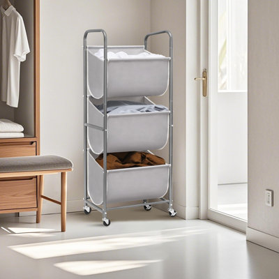 120 Litres Vertical Rolling Laundry Hamper, 3 Section Laundry Sorter With Wheels And 2 Breaks, 3-Tier Laundry Baskets For Small Space, Dorm, Laundry Room, Closet, Bathroom, Grey 3-Tier
