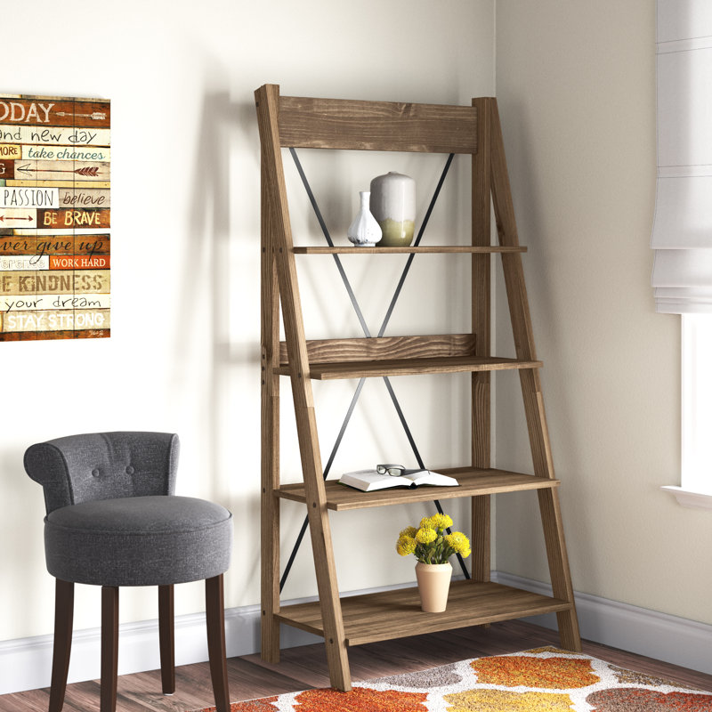 68" H x 35" W 4-Tier Solid Wood Ladder Bookshelf, Brun