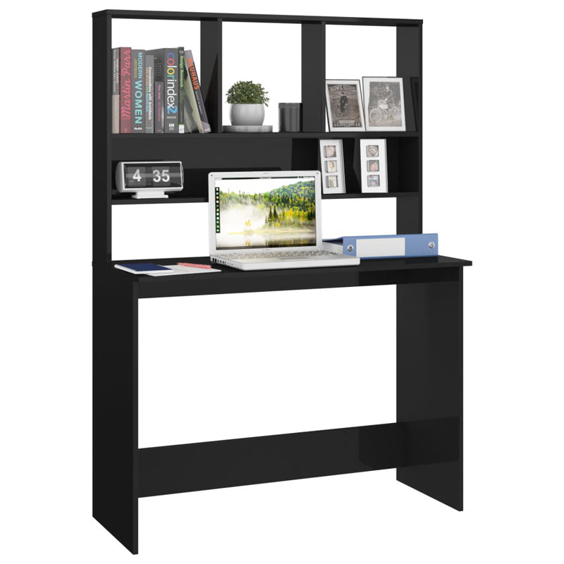 Charlsea Desk Computer Desk Home Office Desk with Bookshelves Engineered Wood, Black