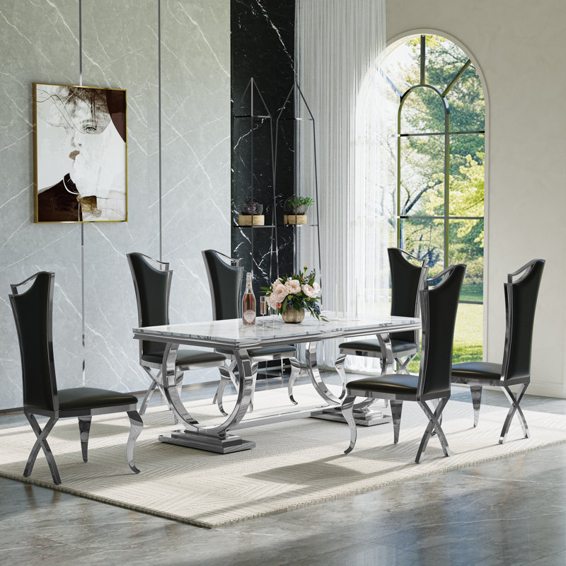 7-Piece Modern Dining Set – 70" Marble Veneer Table with Stainless Steel Base & 6 Upholstered Chairs, Marble White, Silver