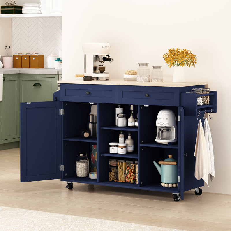 Jaye 51.7" Kitchen Island on Wheels with Storage Cabinet with Drop Leaf Countertop, Blue