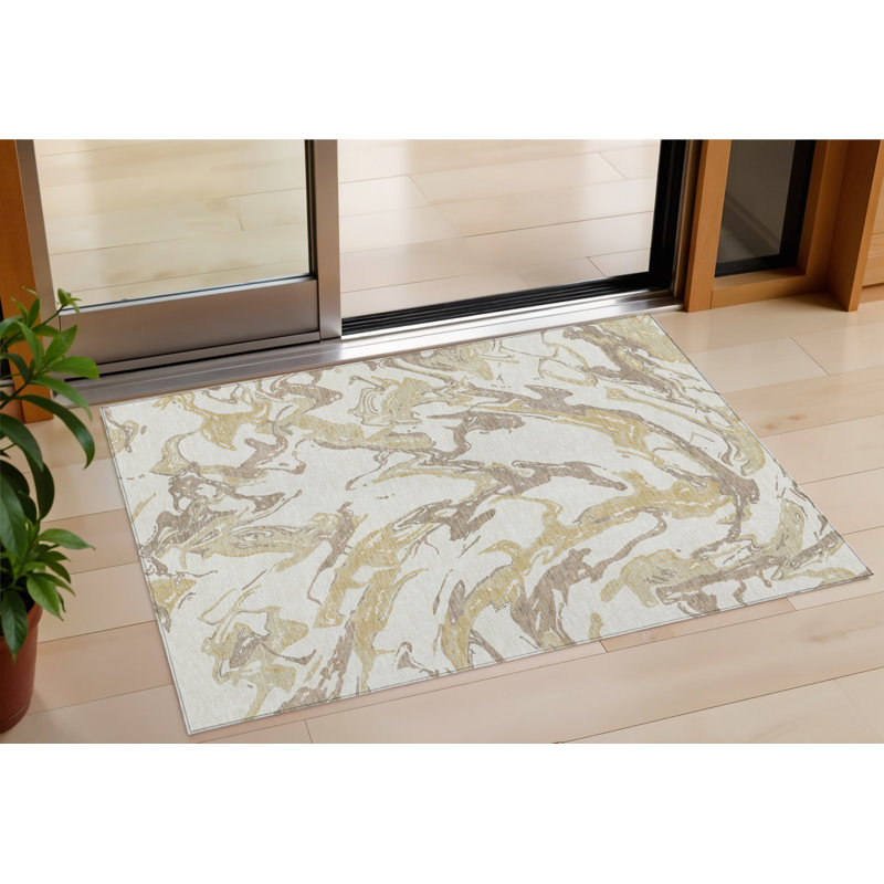 Tapis intérieur lavable abstrait ivoire doré et brun 3 pi x 5 pi