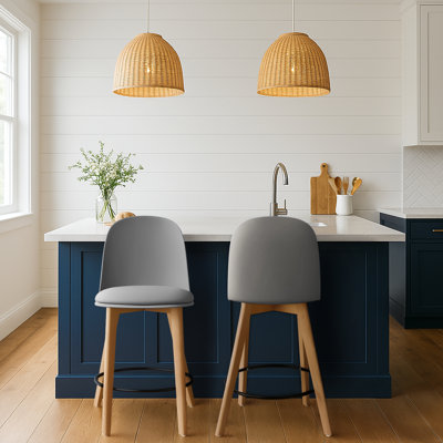 Seat Height Molded Plastic Modern Counter Stools with Backs and Cushion Armless Natural Legs Wood Eiffel Legs, Gray