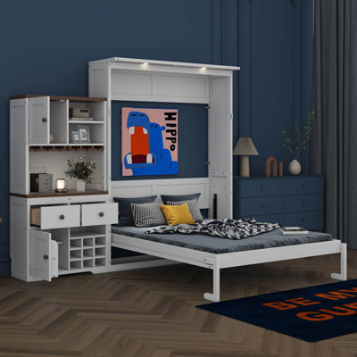 Grand lit escamotable avec armoire de rangement, support à vin, porte-verre, tiroirs et bande DEL multicolore