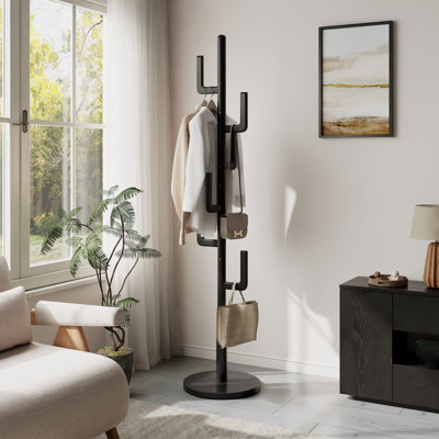Portemanteau en bois massif avec 6 crochets, facile à assembler, idéal pour l'entrée, la chambre à coucher, le rangement des manteaux et des sacs.