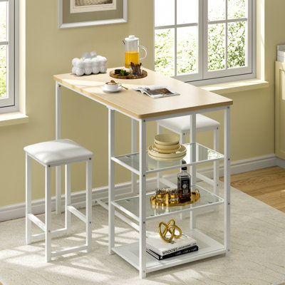 Ligon Ligon 3-Piece Kitchen Bar Table Set with Oak Top, Storage Shelves & PU Leather Stools — Small Space Dining Set
