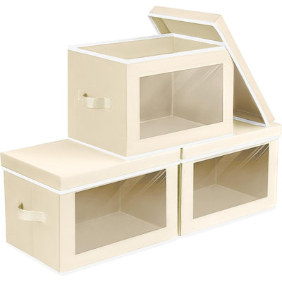 Ensemble de 3 bacs de rangement beiges avec couvercles et fenêtre
