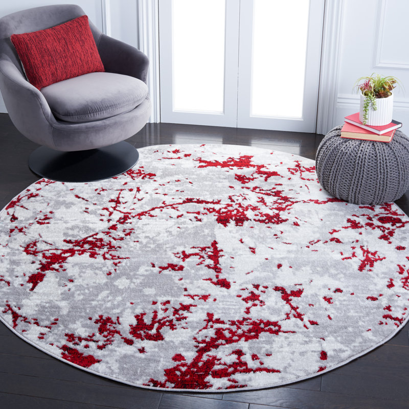 Tapis gris / rouge à motif abstrait, Rond 6 pi 7 po