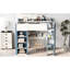 Lit mezzanine en bois pleine grandeur avec tringle à vêtements et tablettes de rangement en blanc et bleu - Finition élégante, multiusage, structure de support de rangement compacte-1818036504