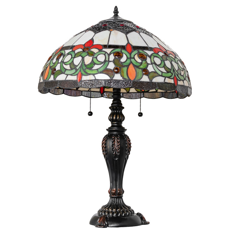26" Mahogany Bronze Table Lamp with Ruby and Green Stained Glass Shade