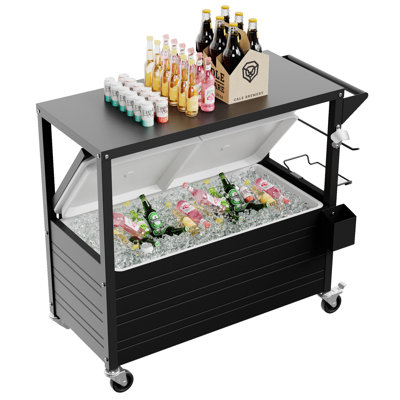 80 Quart Outdoor Rolling Patio Party Bar Drink Cooler on Wheels, Modern Ice Dining Cart with Stainless Steel Top Prep Station Table for Backyard BBQ