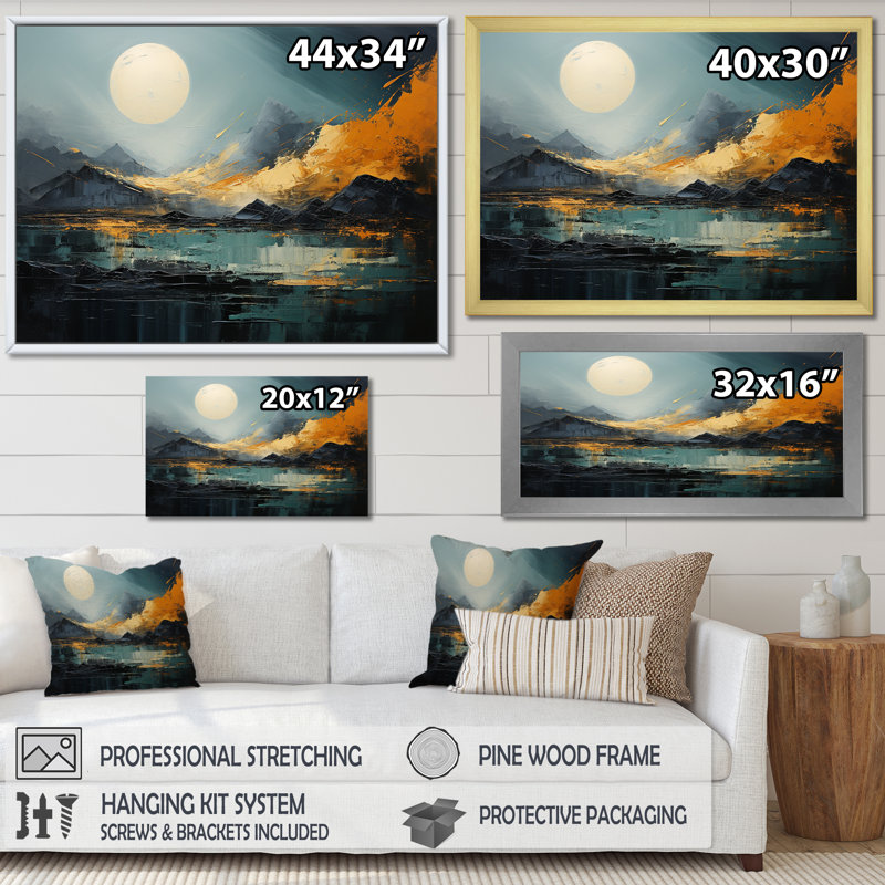 Gris et jaune, paysage de montagne abstrait III - paysage abstrait, Cadre flottant noir, H 24 po x l 32 po x P 1 po