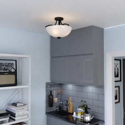 River Grove 3-Light 14.5 In. Wide Matte Black Bowl Semi Flush Mount Lighting Fixture, Frosted White Glass Shade, LED Compatible, For Low Ceilings, Bedroom, Hallway, Kitchen