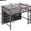 Lit mezzanine double avec 8 tablettes de rangement ouvertes et lit simple encastré gris pour les adolescents, lit de construction solide, tablette incluse, bureaux, construction