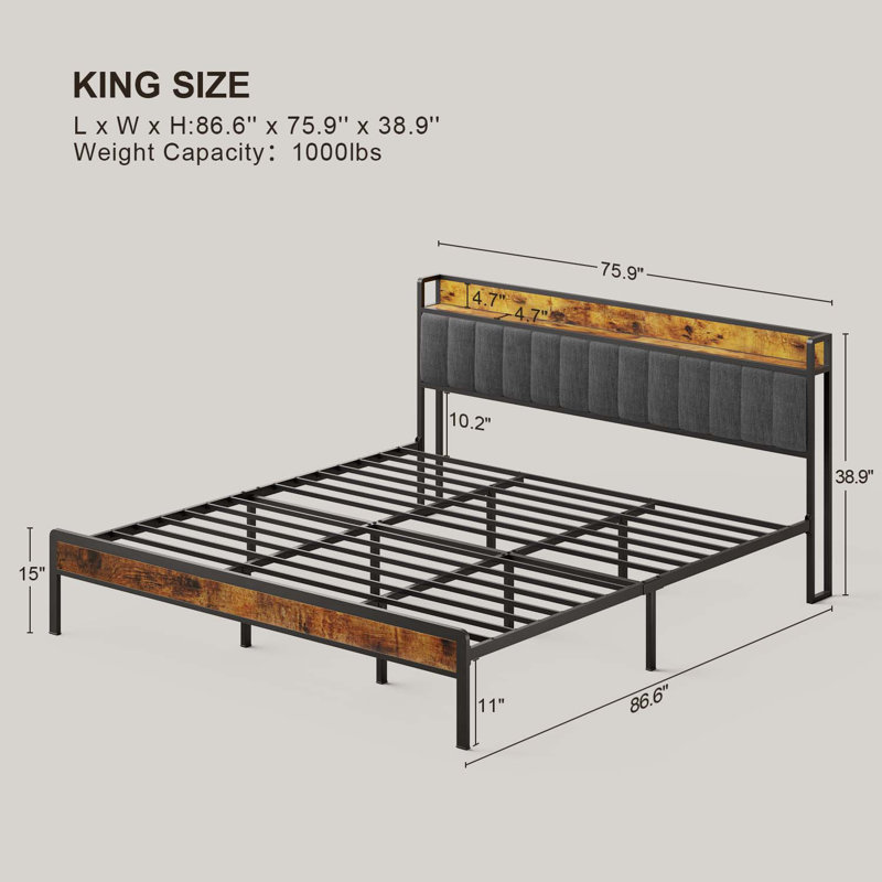 Dark Grey King Metal Platform Bed with Storage Headboard