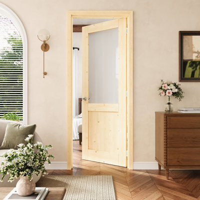 Porte pré-suspendue intérieure en bois de pin et verre givré 30 po x 80 po avec charnières argentées, dalle de porte en verre avec cadre, porte intérieure comme porte de garde-manger, porte de chambre à coucher, porte de buanderie, portes de placard, portes de pièce, droite