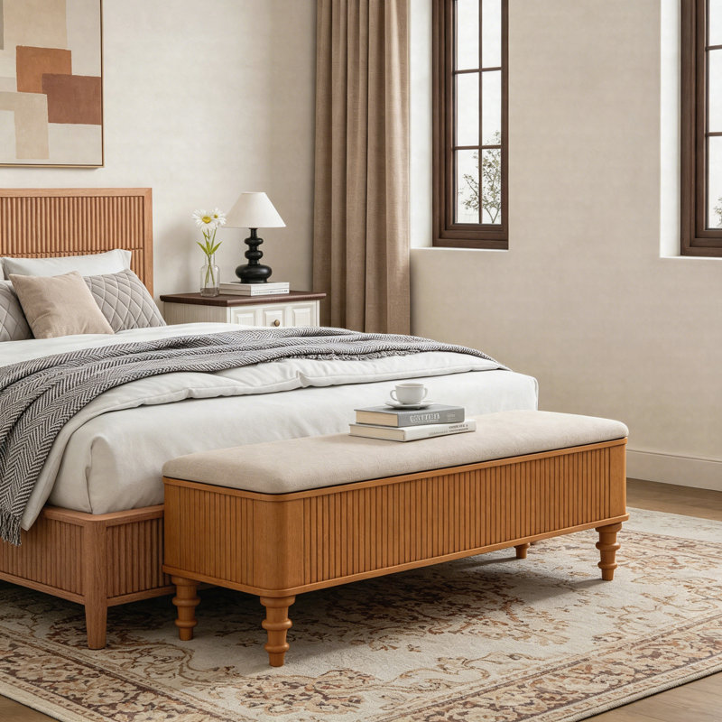 50.8" Linen Storage Ottoman Bench with Rubberwood Frame, Multi-Functional Bedroom Entryway Bench, Natural, Natural