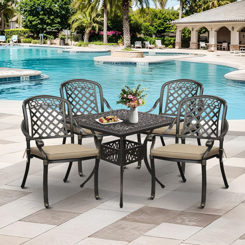 5pcs Cast Aluminum Outdoor Patio Dining Set, All Weather Outdoor Furniture Dining Set For Patio, Balcony, Lawn, Garden, Backyard (square Table+4 Dining Chairs)