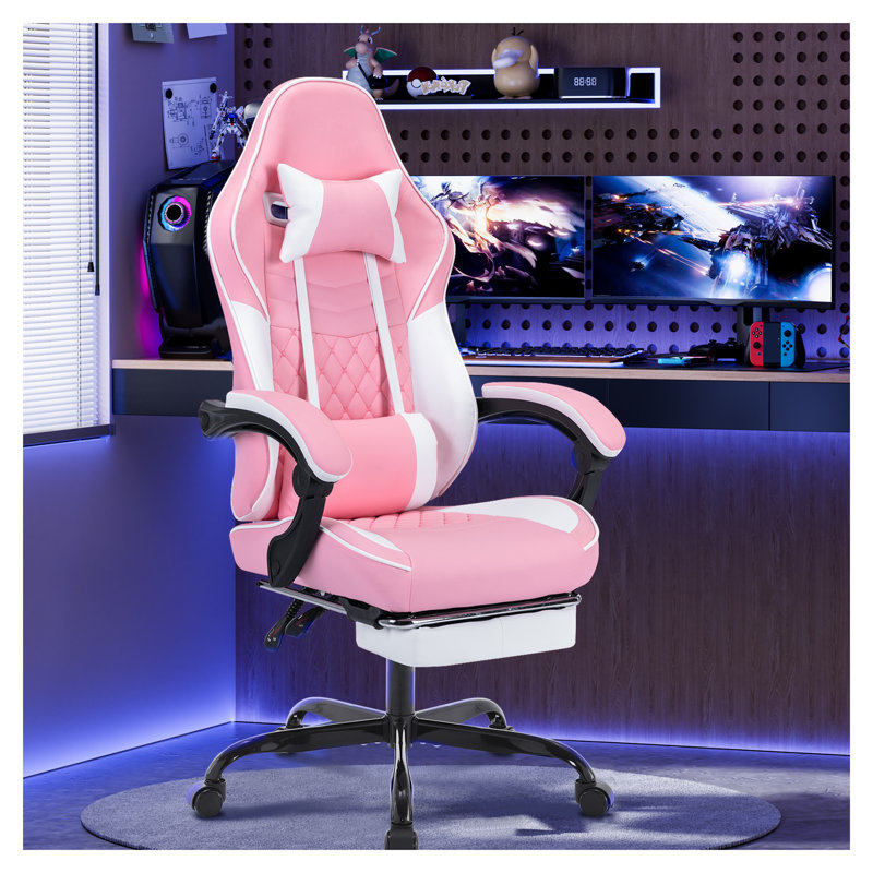 Fauteuil de jeu ergonomique avec coussin à ressorts ensachés, siège d'ordinateur en cuir rose et blanc