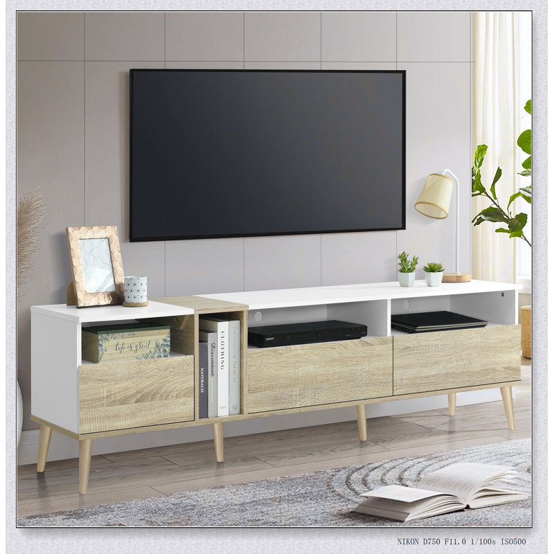 Téléviseur moderne avec 3 tiroirs et tablettes ouvertes, console multimédia pour téléviseurs de 80 po ou moins, centre de divertissement pour salon, conception de couleur assortie